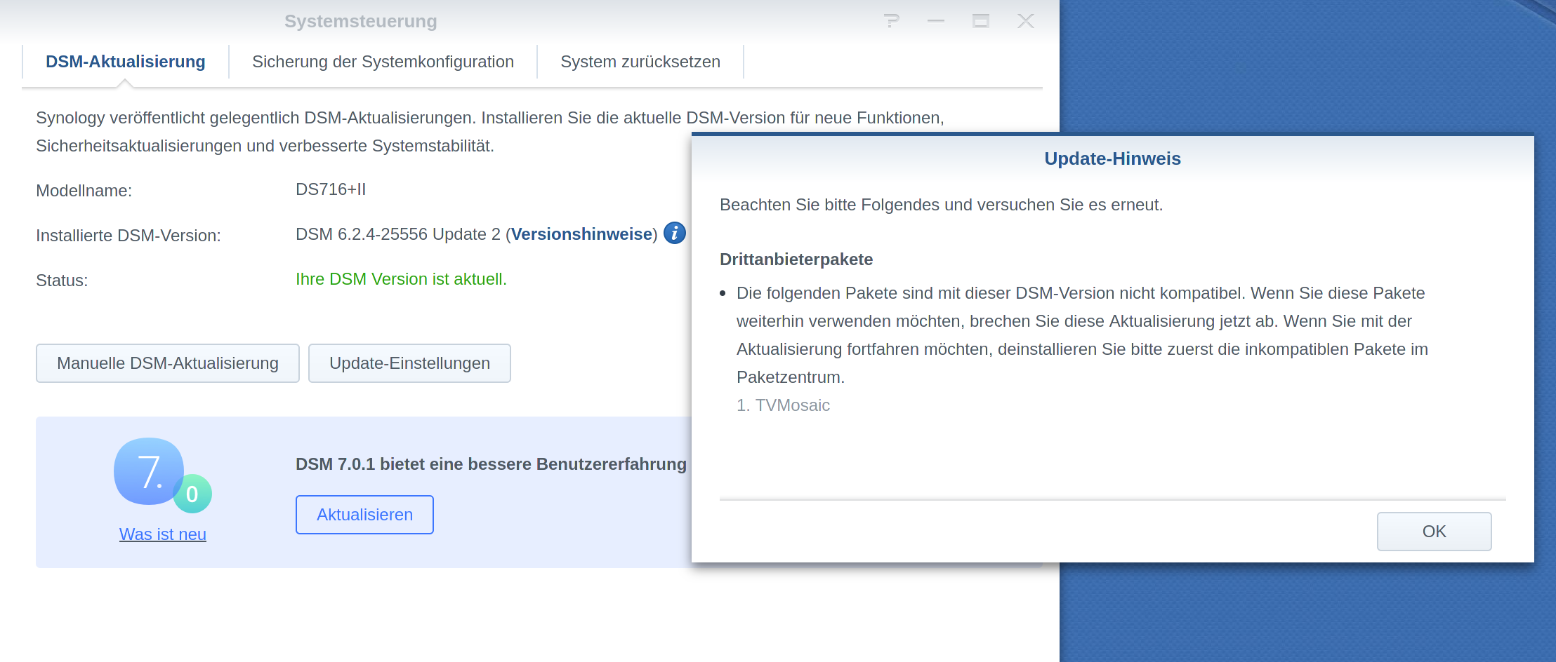 Synology Update Fehlermeldung TVMosaic nicht mit DSM 7 kompatibel