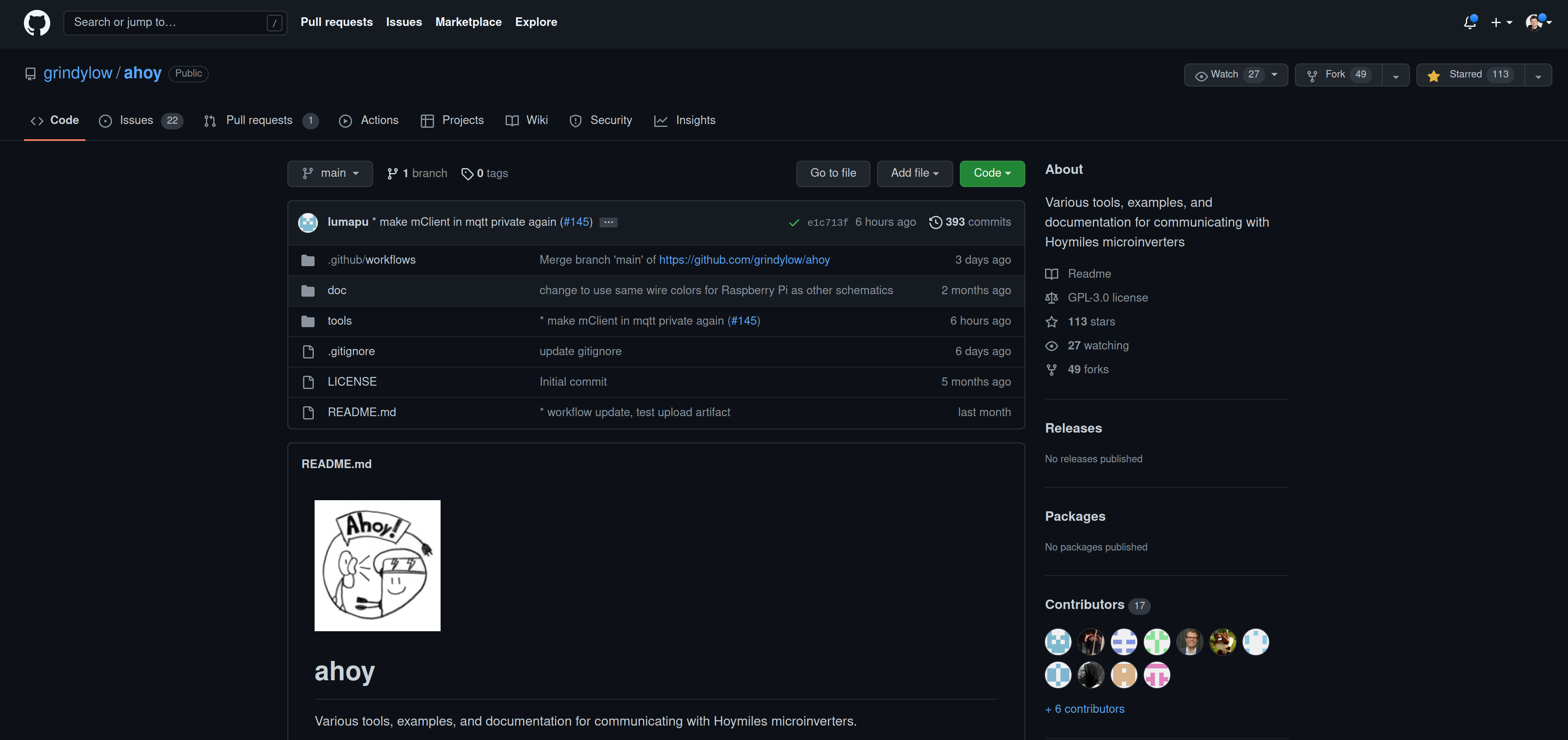 Screenshot der Ahoy! Projektseite auf Github